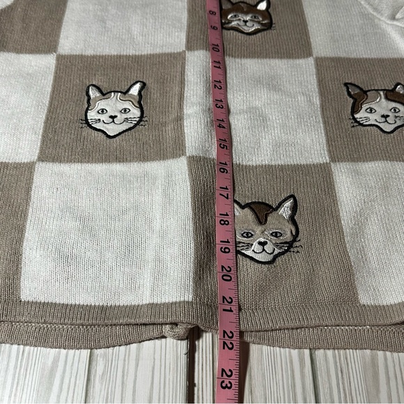 Christopher & Banks Cat Sweater Cardigan Beige White Checkered Short Sleeve - Picture 11 of 11